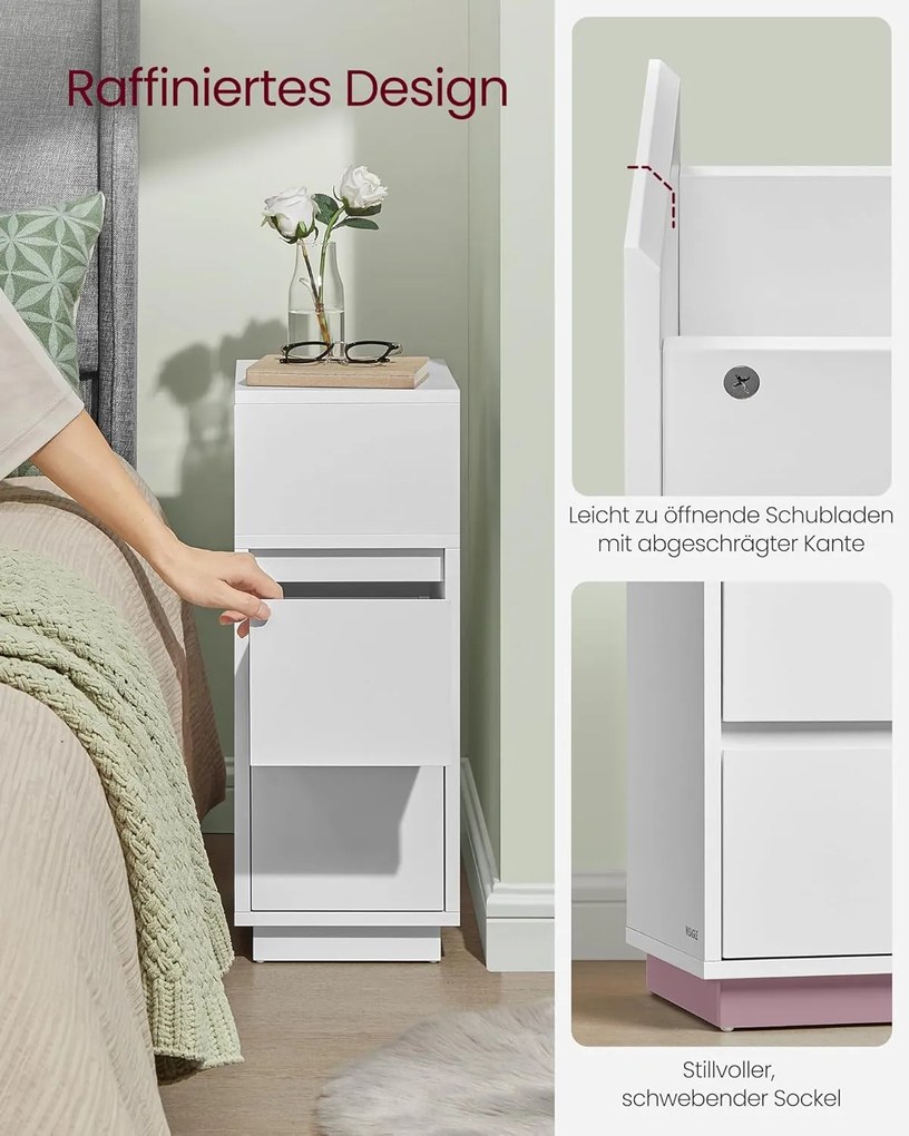 Sada 2 ks úzkych nočných stolíkov s 2 zásuvkami, 30 x 25 x 65 cm, biele