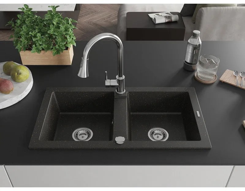 Mexen Mario, 2-komorový granitový drez 820x436x161 mm a drezová batéria Elia, čierna-zlatá metalíza, 6504-75-670101-00