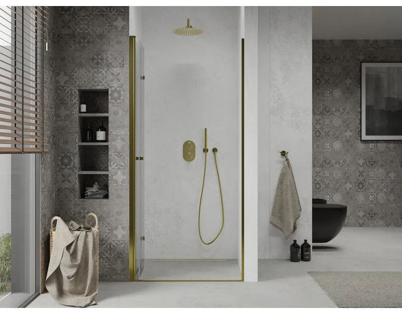 Mexen Lima, skladacie sprchové dvere do otvoru 90 x 190 cm, 6mm číre sklo, zlatý profil, 856-090-000-50-00