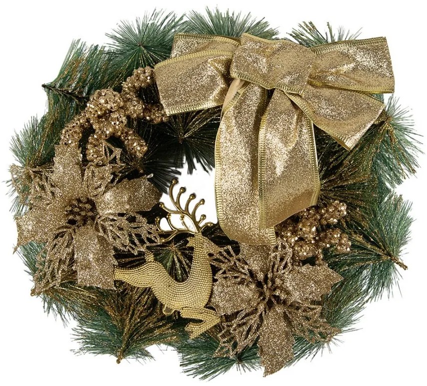 Zeleno-zlatý vianočný veniec s mašľou a jeleňom Christmas Deer - Ø 30*7 cm
