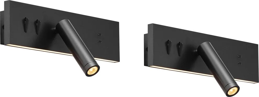 Sada 2 moderných nástenných svietidiel čierna nastaviteľná s USB-C vr. LED - Modric