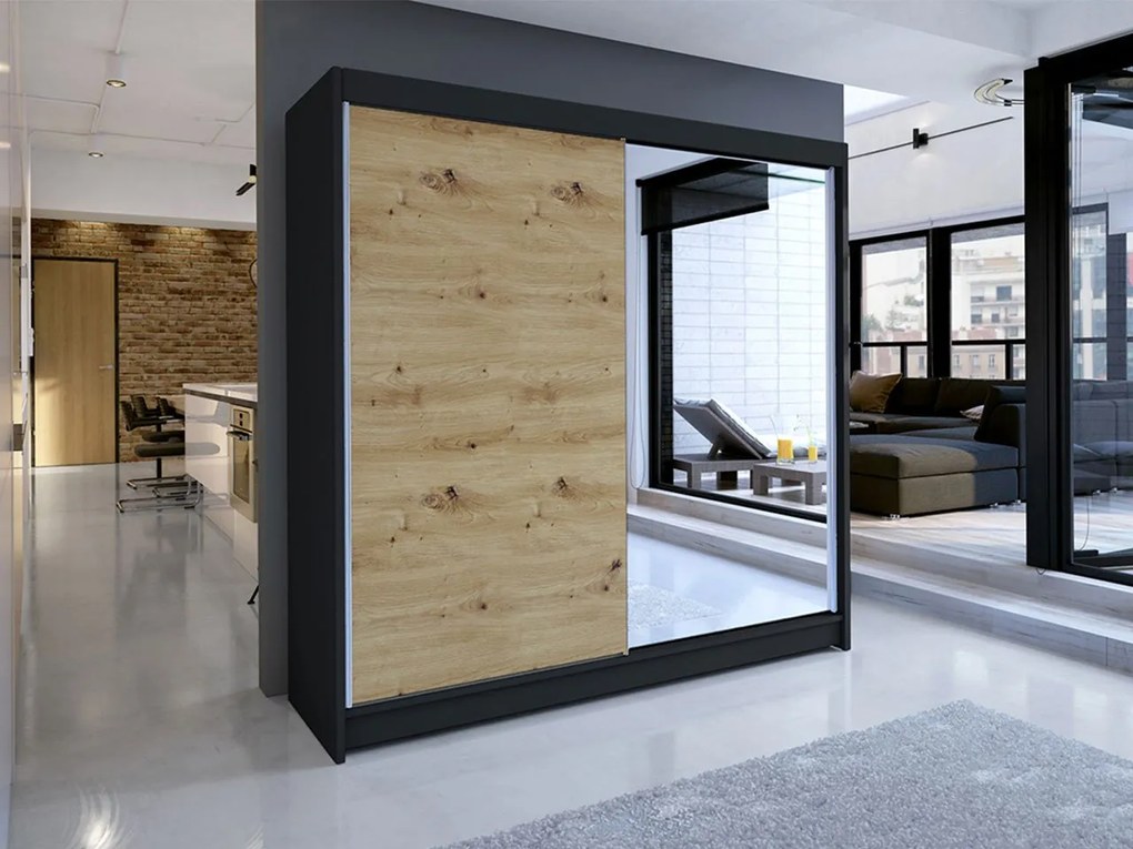 Šatníková skriňa s posuvnými dverami Bar I, Farby: biely / dub artisan, Osvetlenie: osvetlenie LED RGB - farebné
