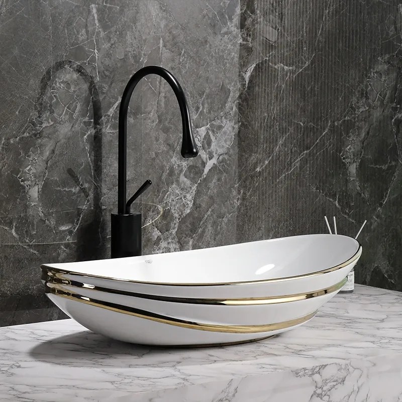 BPS-koupelny Keramické umývadlo na dosku HYD-LI-WH-GL-LN-625 62x36 cm, biela / zlatá lesk