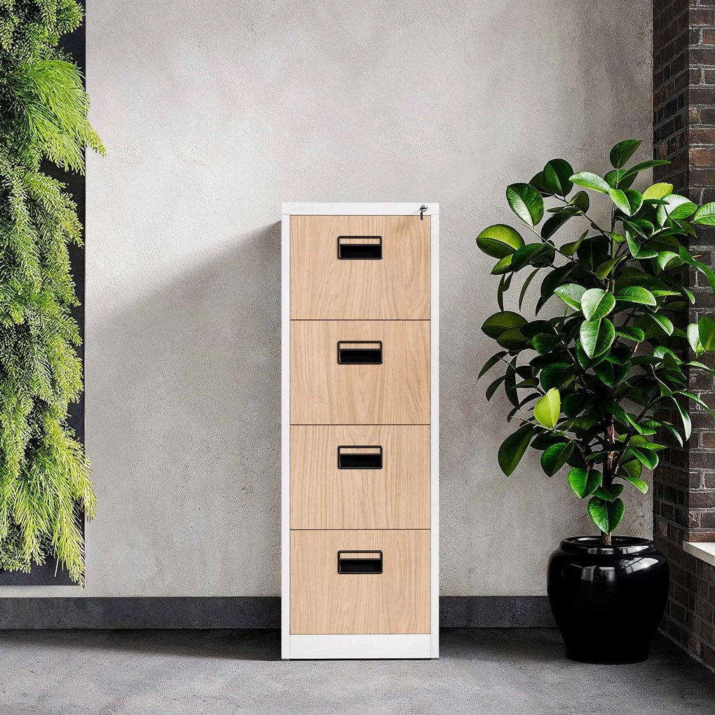 Kovová kartotéka, 4 zásuvky SARA V4, 460 x 1320 x 620 mm, Eco Design: biela/ dub sonoma