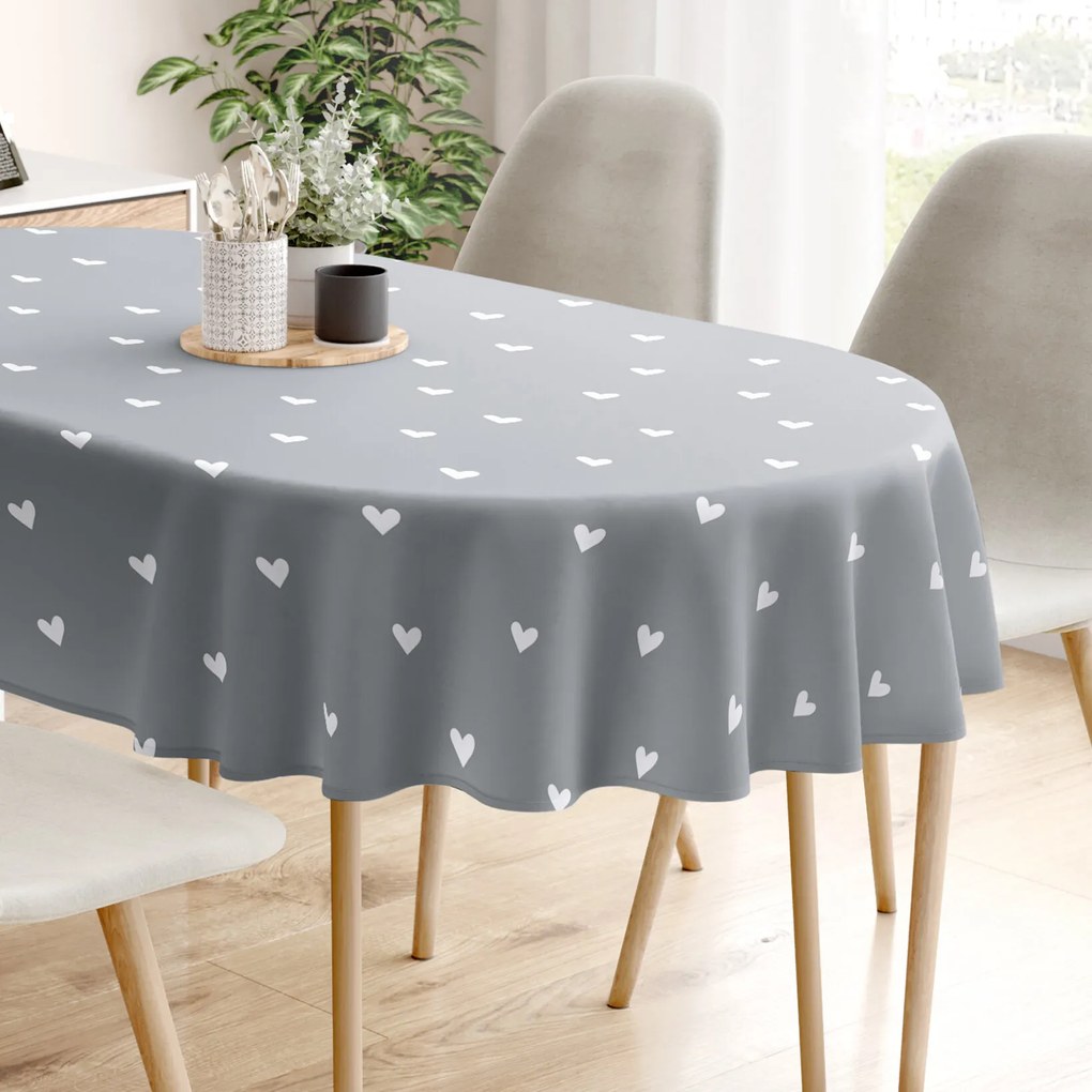 Goldea oválny obrus 100% bavlnené plátno - srdiečka na sivom 140 x 220 cm