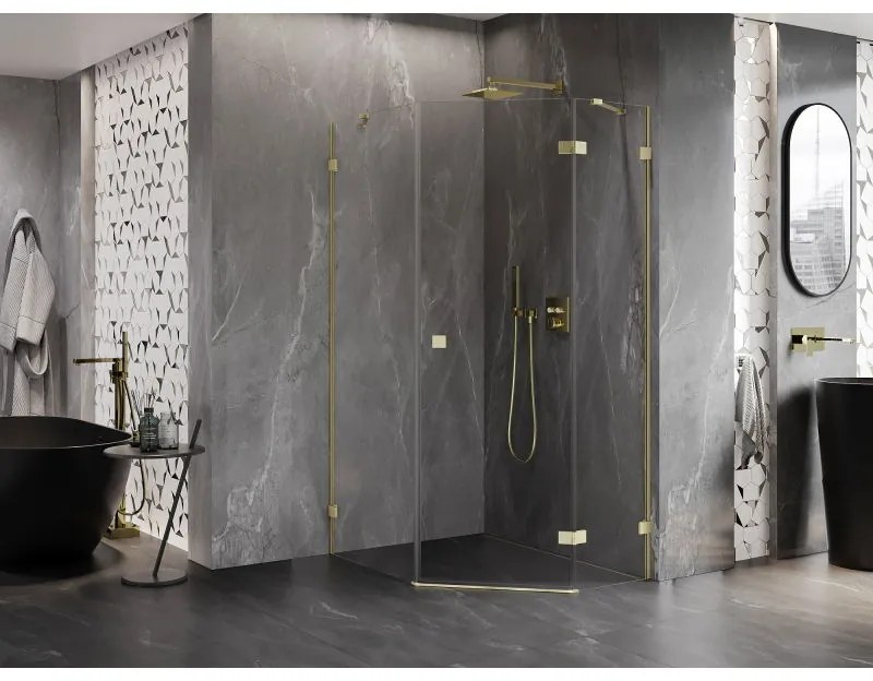 Mexen Lunar, pravý výklopný päťuholníkový sprchový kút 90 x 100 cm, 8mm číre sklo, zlatý matný profil, 831-090P-100L-55-00-P