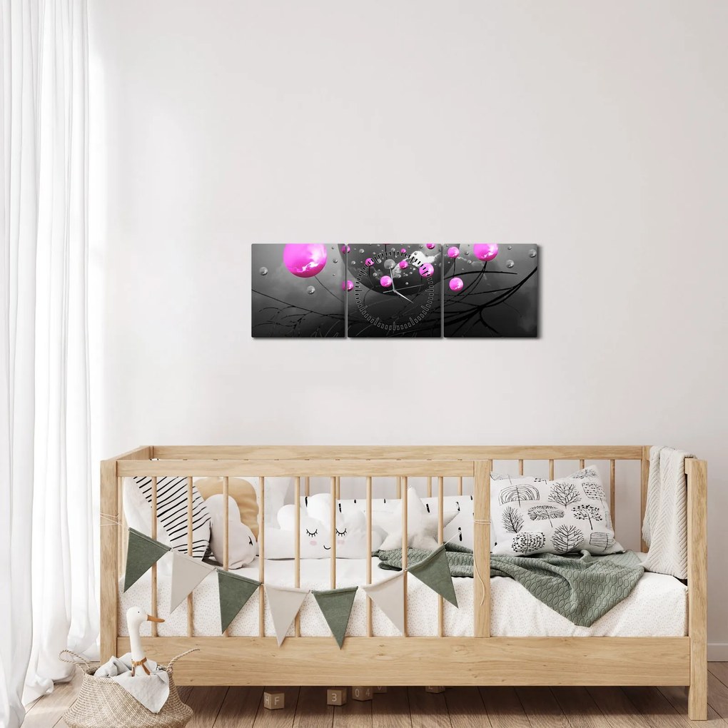 Obraz ružových gulí (s hodinami) (90x30 cm)