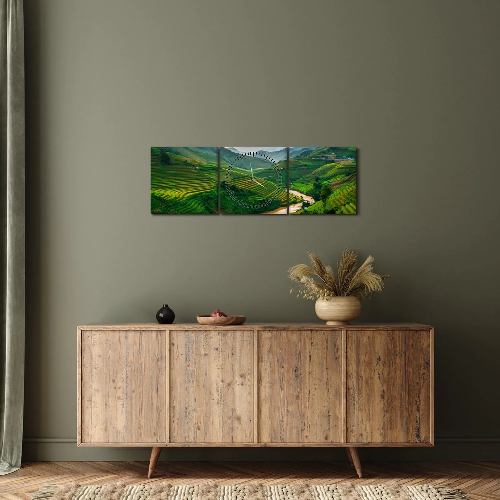 Obraz - Ryžové terasy II. (s hodinami) (90x30 cm)