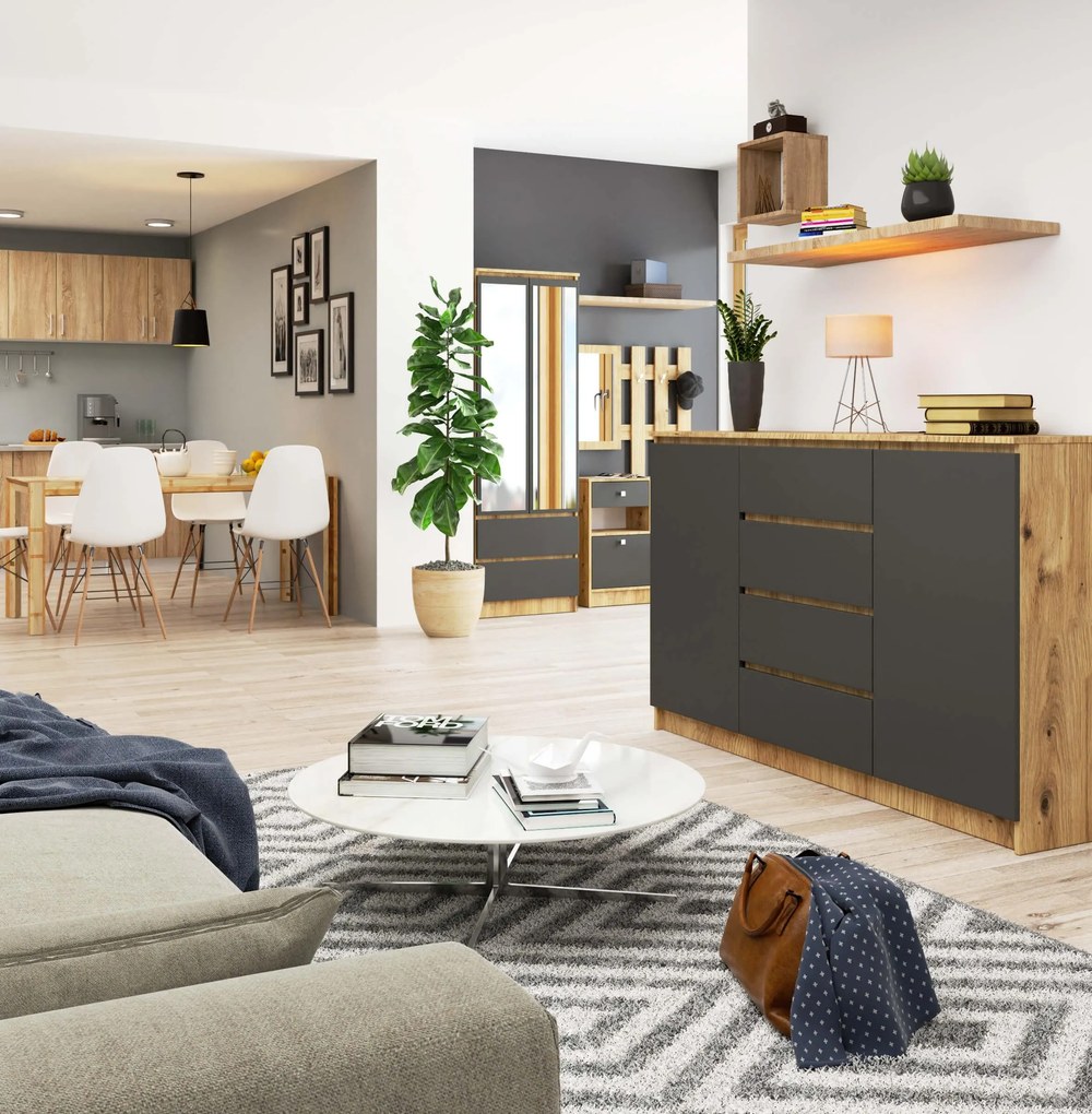 Komoda Koa (dub artisan + sivá). Akcia -19%. Vlastná spoľahlivá doprava až k Vám domov. 1128687