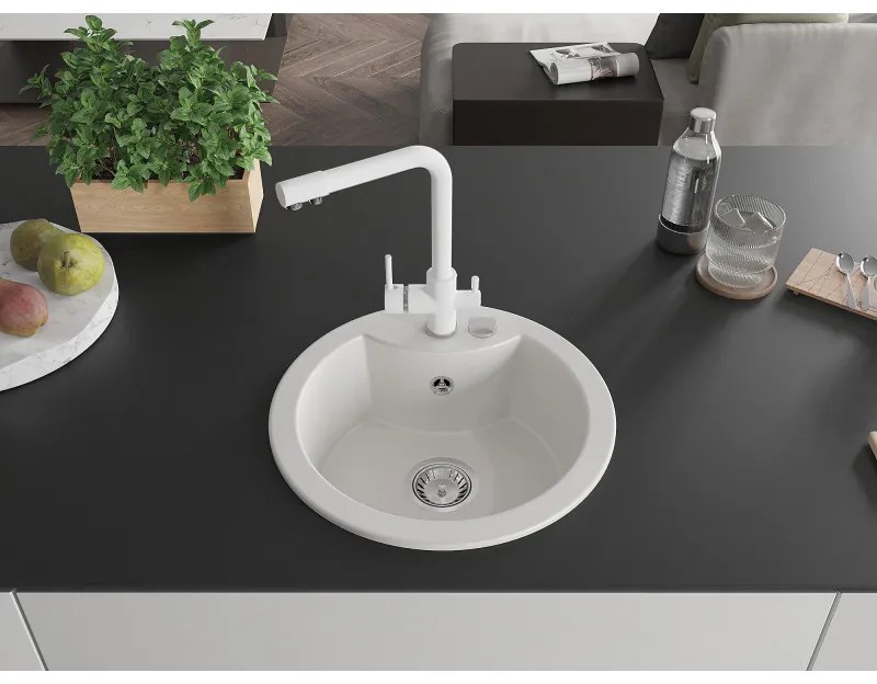 Mexen Diego, 1-komorový granitový drez 488x488x167 mm, biela batéria Duero, biela, 6512-20-671600-20