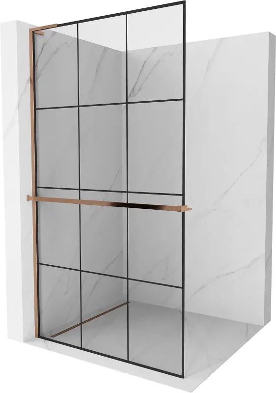 Mexen Kioto+ L, sprchová zástena Walk-In s poličkou a vešiakom 110 x 200 cm, 8mm číre sklo čierny vzor, ružové zlato profil, 800-110-123-60-77