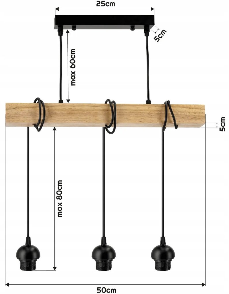 BERGE LED závesné stropné svietidlo, drevený trám, 3xE27, loft, dymovo šedá