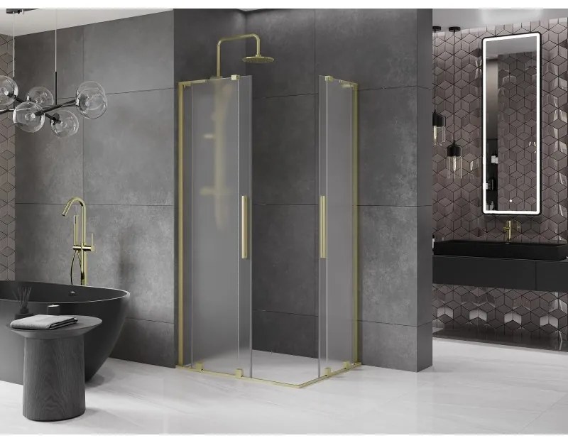 Mexen Velar L Duo, sprchový kút s posuvnými dverami 100 x 90 cm, 8mm sklo námraza, zlatá matná, 871-100-090-02-33-55