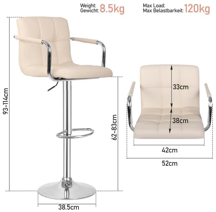 MIADOMODO Barová stolička 2ks, s lakťovými opierkami, béžová