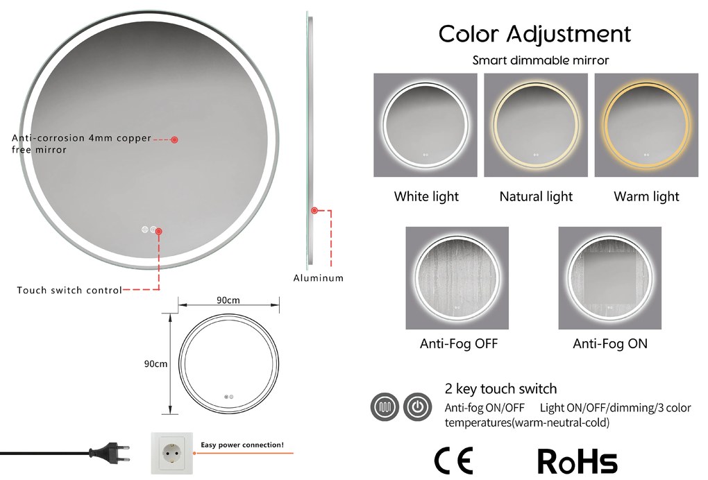 Erga Carla, okrúhle LED zrkadlo 90cm, 2070 lm, 3 farby svetla, ERG-V01-208-9090