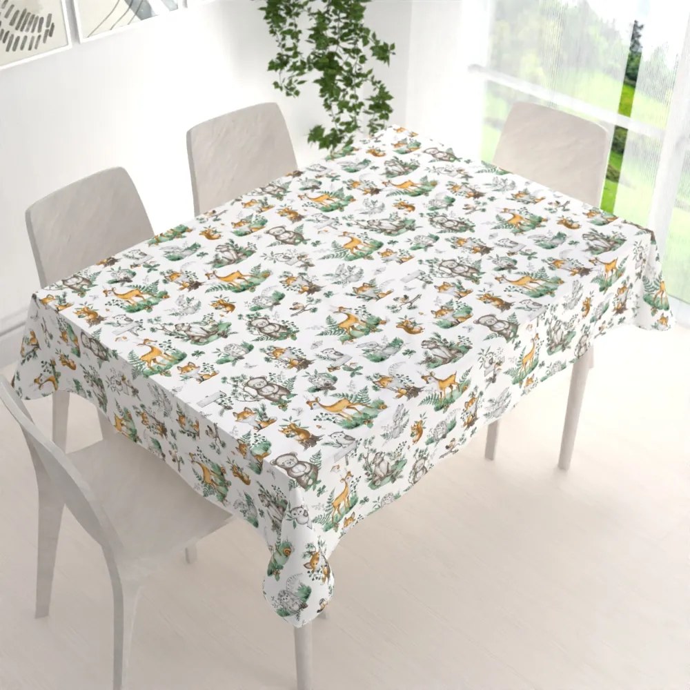 Biante Detský bavlnený obdĺžnikový obrus Sandra SA-459 Lesné zvieratká na bielom 140x220 cm