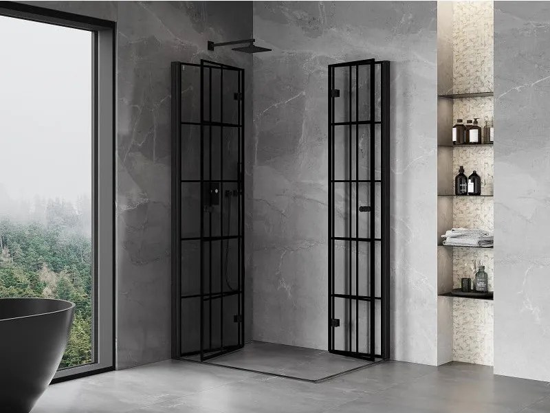 Mexen Mist-F Duo, skladací sprchový kút 80 x 75 cm, číre sklo-čierna mriežka, 8A6-080L-075P-70-77