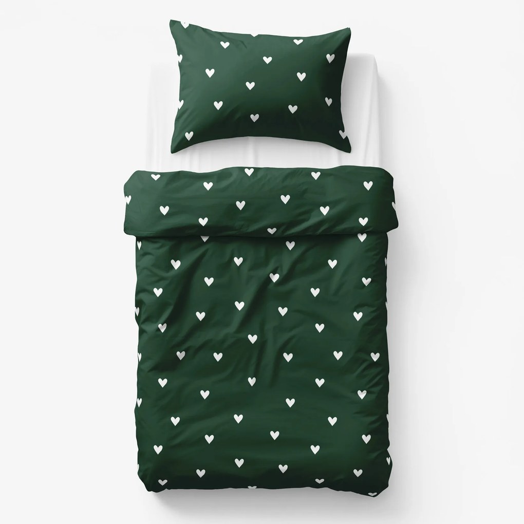 Goldea detské bavlnené obliečky - srdiečka na tmavo zelenom 150 x 200 a 50 x 60 cm