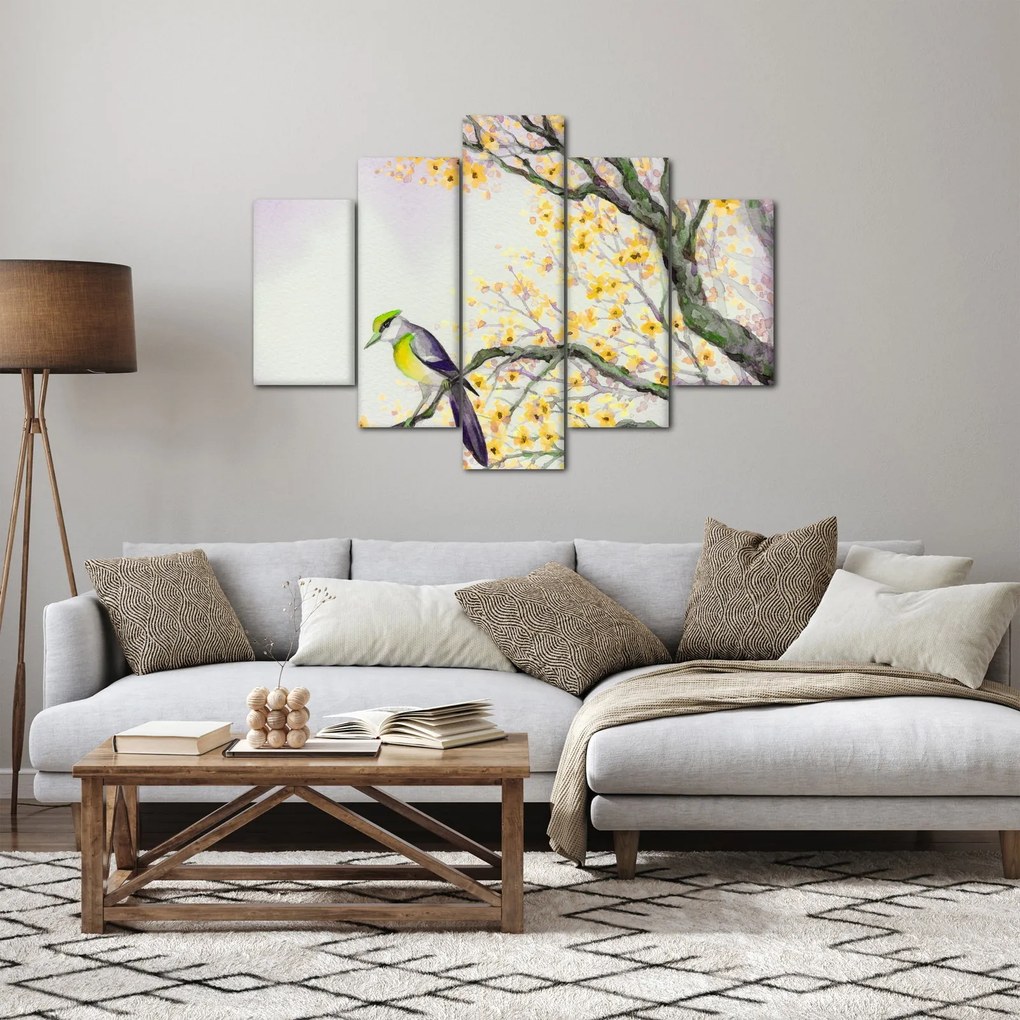Obraz - Akvarelový vtáčik na strome (150x105 cm)