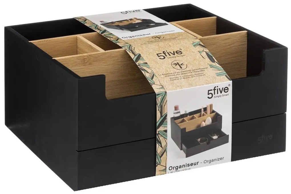 Kozmetický organizér Natureo, čierna/s drevenými prvkami