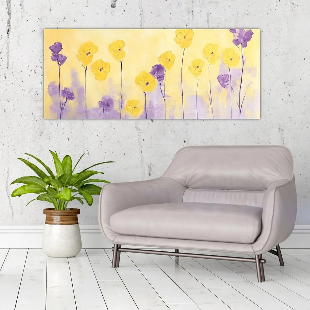 Obraz - Fialové a žlté kvietky (120x50 cm)