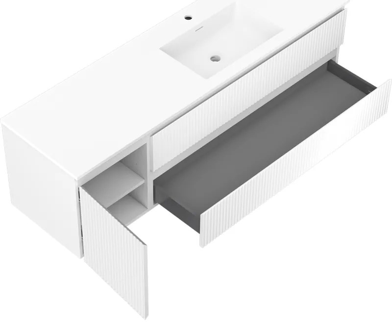 Mexen Rivel, kúpeľňová skrinka 160 cm s pravým umývadlom Otis, 2S, 1D, drážkovaná, biela matná, 91A23-16047-3-BBFFF01-W18P01