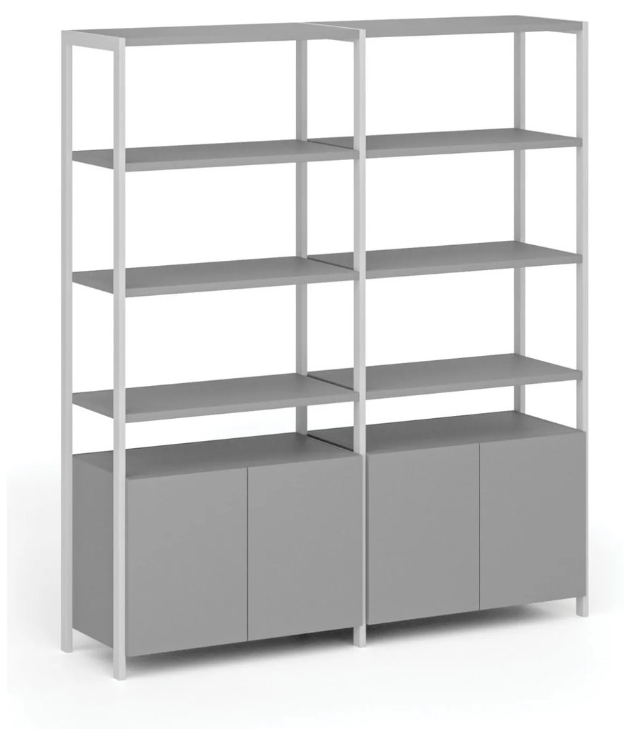 Dvojitá policová stena HOME OFFICE so skrinkou s dvierkami, biela/sivá