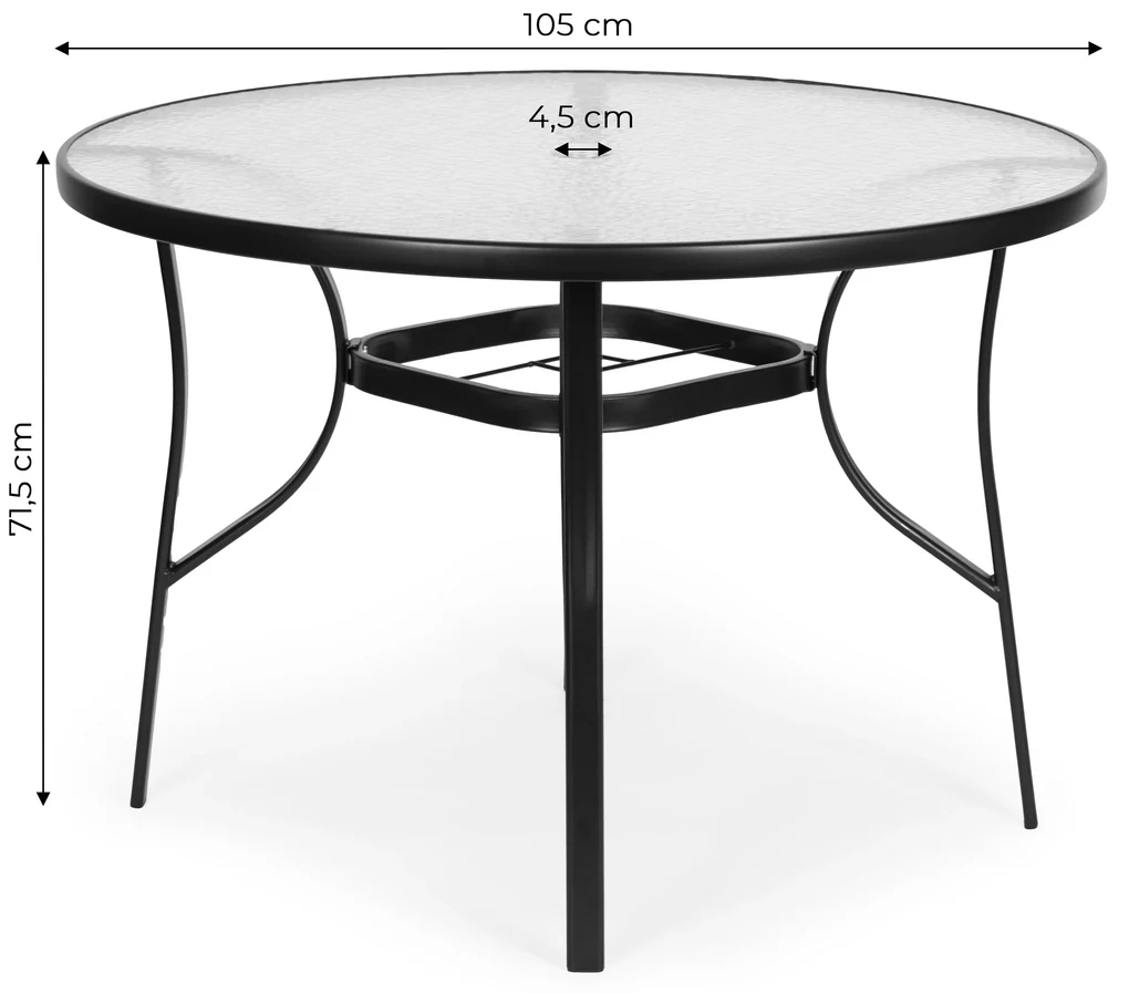Okrúhly záhradný stôl 100 cm, tvrdené sklo, otvor na slnečník, MultiGarden