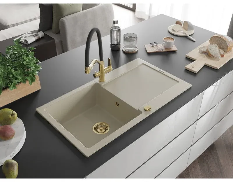 Mexen Leo, 1-komorový granitový drez 900x500x190 mm a drezová batéria Duo, béžová, 6501-69-671701-57-G