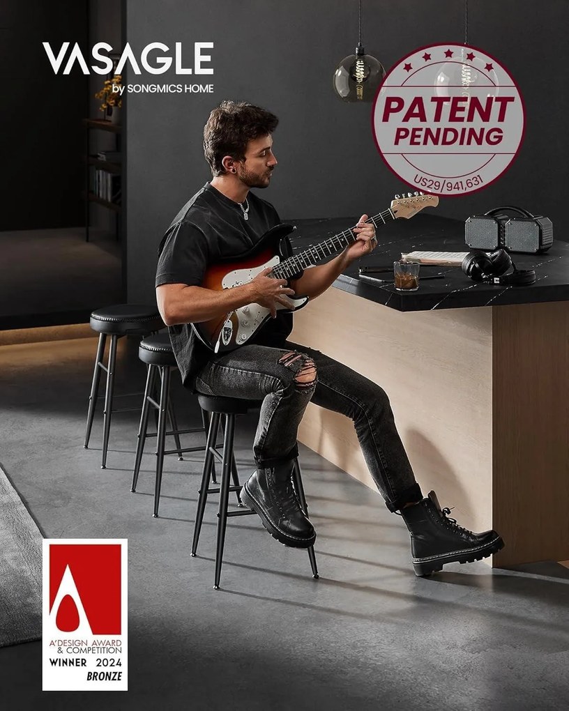 Sada 2 ks barových stoličiek, syntetická koža s prešívaním, čierne