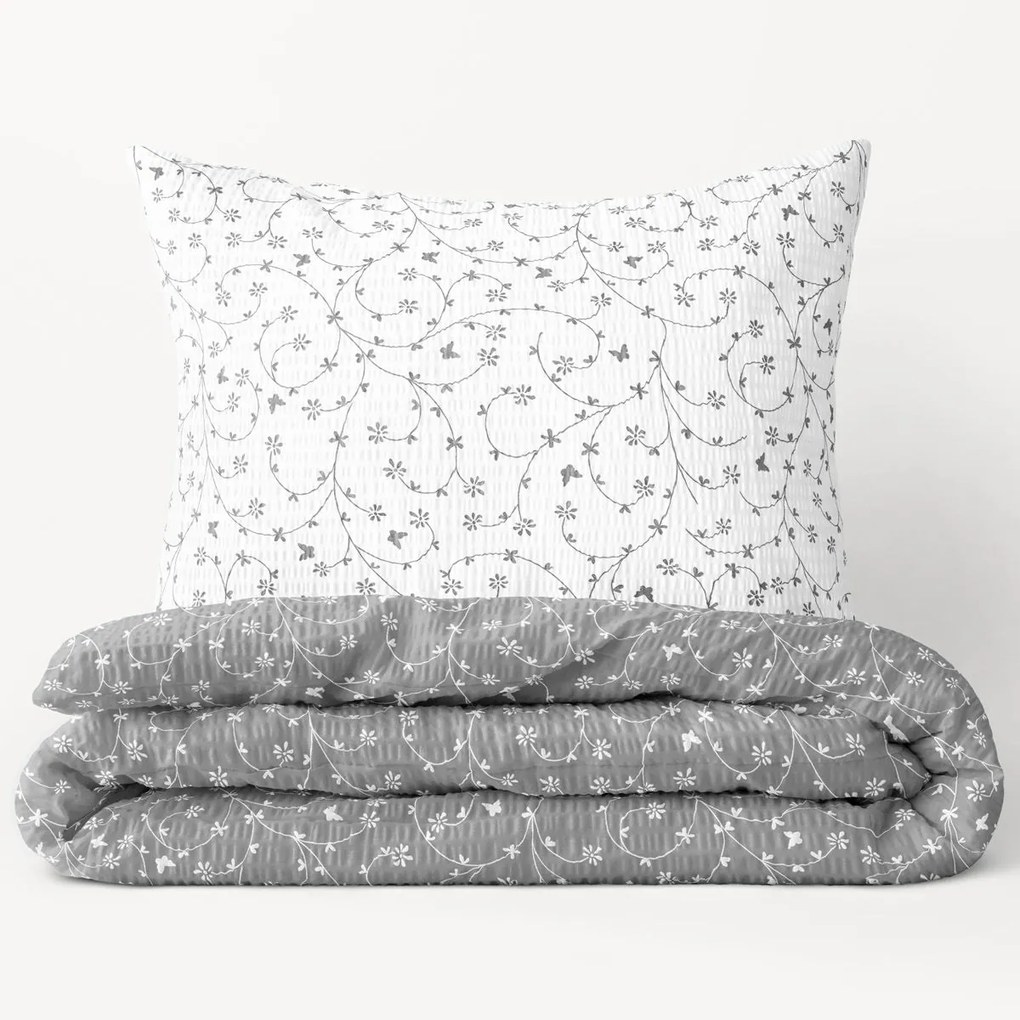 Goldea krepové posteľné obliečky - vzor 779 kvietky a motýle so sivou 140 x 200 a 70 x 90 cm