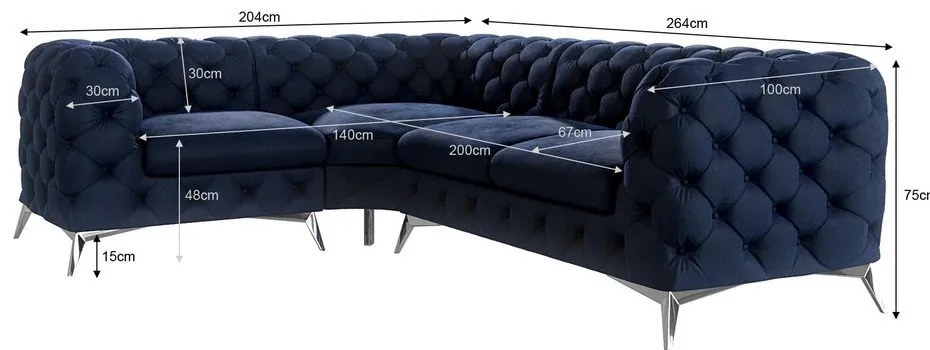 Tmavomodrá zamatová rohová pohovka (ľavý roh/do L) Chelsea – Ropez