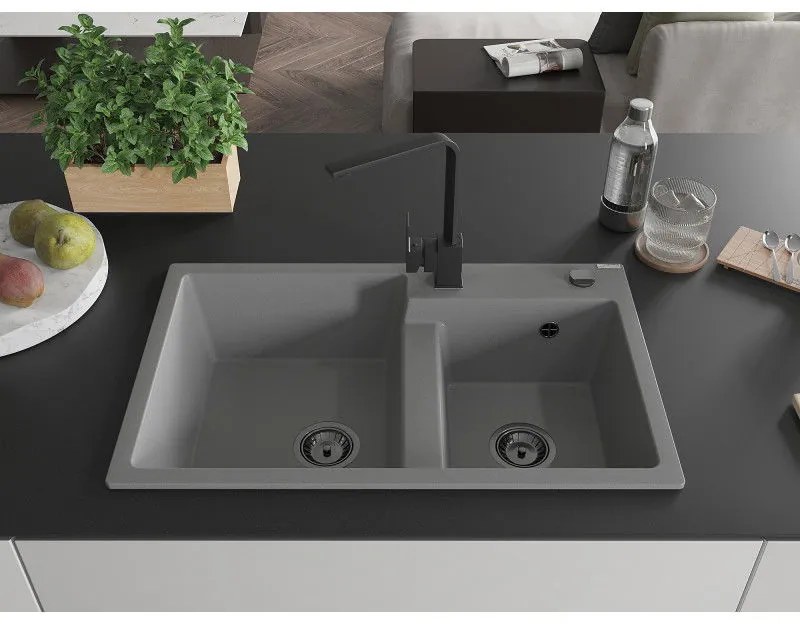 Mexen Tomas, granitový drez 800x500x190 mm, 2-komorový a čierna batéria Rita, šedá, 6516-71-670300-70-B