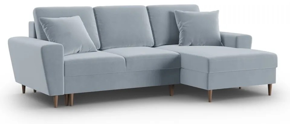Svetlomodrá zamatová rozkladacia/s úložným priestorom rohová pohovka (pravý roh/s leňoškou) Kyoto – Cosmopolitan Design