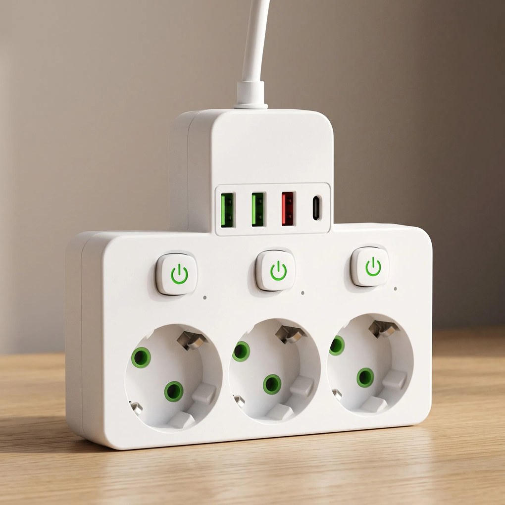 Toolight Toolight, JNH018, zásuvkový rozbočovač 3 zásuvky + 3× USB-A + USB-C s LED svetlom, biela, OSW-56306