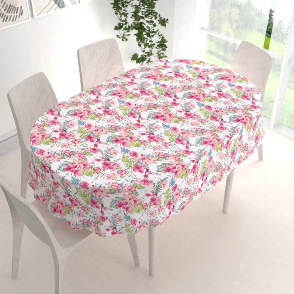 Biante Bavlnený oválny obrus Sandra SA-493 Kolibríky s ružovými kvetmi na bielom 140x220 cm