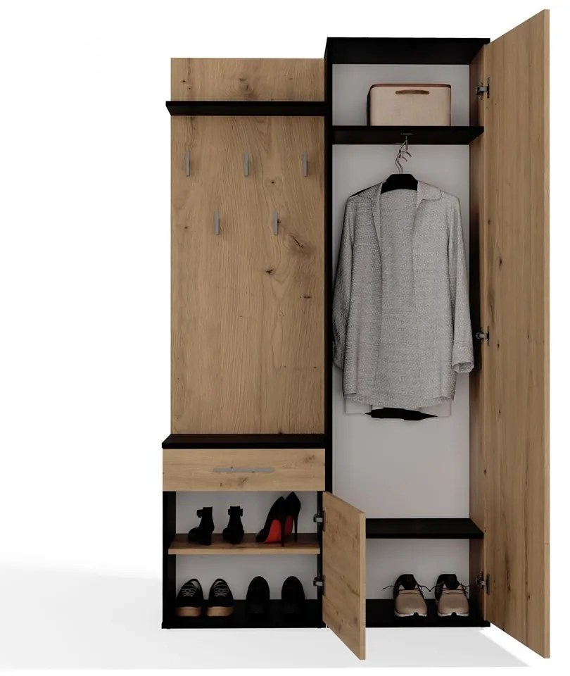 Predsieňová stena so zrkadlom a šuplíkmi DUO dub artisan/antracit