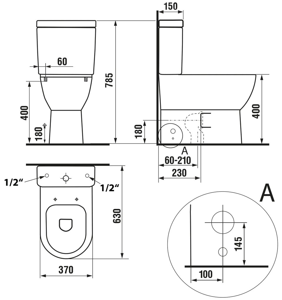 Aqualine Sapho, JALTA RIMLESS WC kombi misa s nádržkou vrátane splachovacej súpravy, spodný/zadný, PB103RW