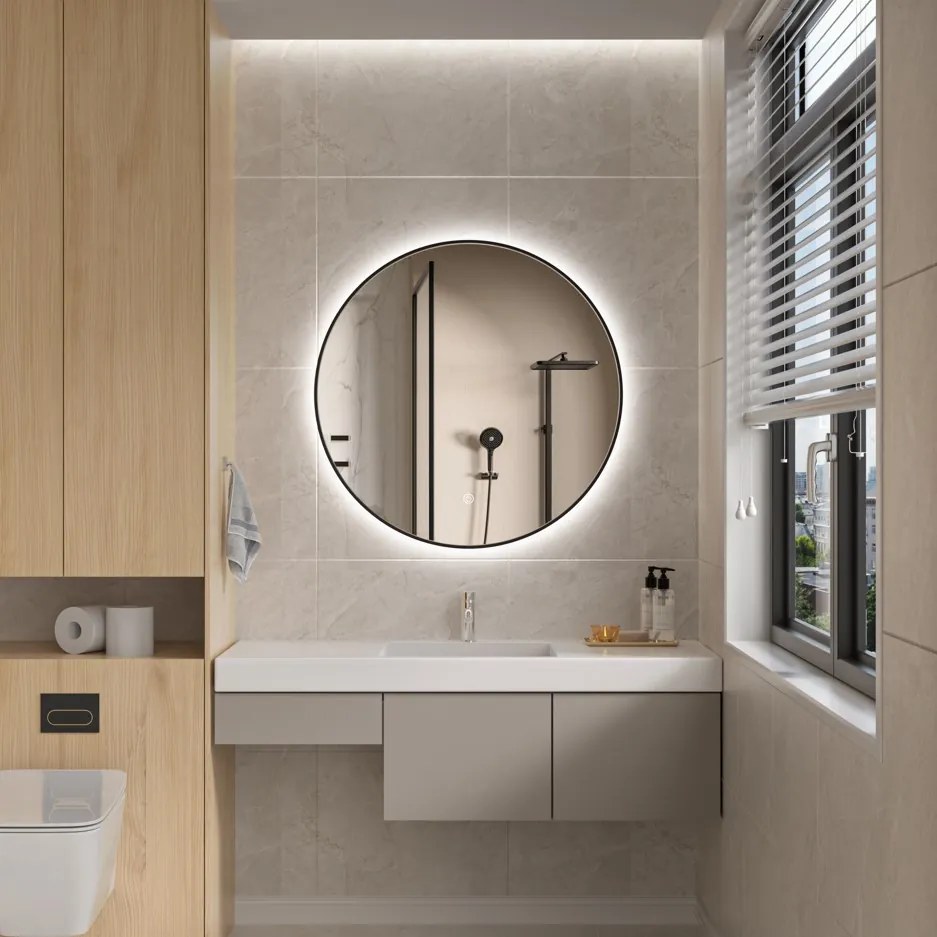 Erga Emma, okrúhle LED zrkadlo 80cm, čierny kovový rám, 1840 lm, 6500K, zadné osvetlenie, ERG-V01-201-8080-BK