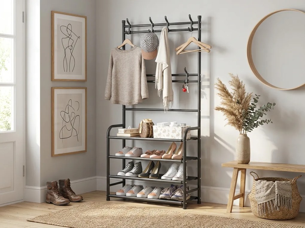 Vešiak s botníkom CLOTHORY 80x152 cm, čierny