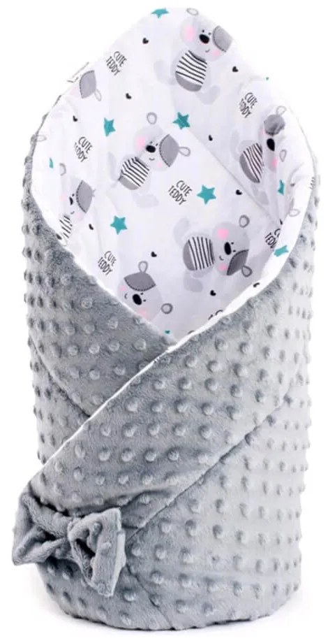 Obojstranná Zavinovačka z Minky 75x75 cm teddy sivá modré hviezdičky tyrkysové