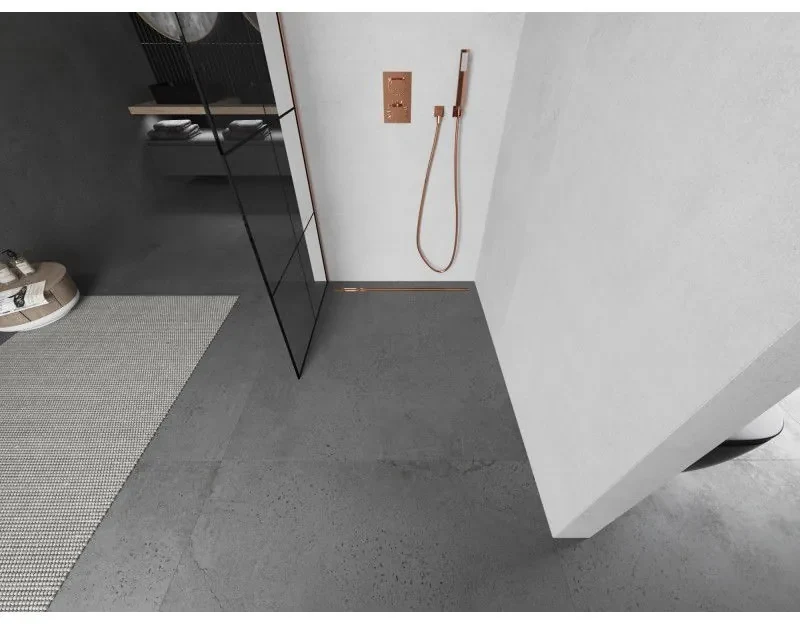 Mexen Kioto L, sprchová zástena Walk-In 70 x 200 cm, 8mm číre sklo čierny vzor, medený matný profil, 800-070-103-65-77
