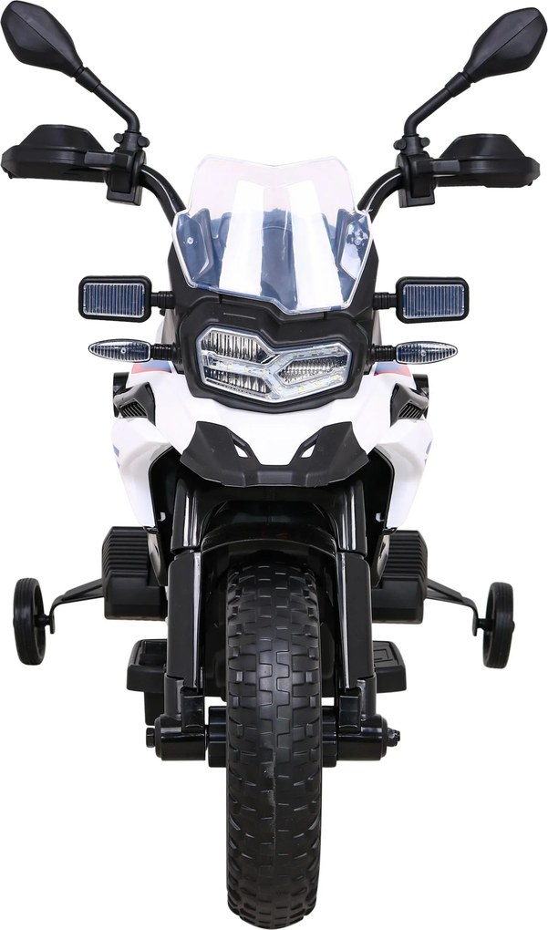 Ramiz Detský motocykel na batérie BMW F850 GS biely + pomocné kolieska + audio LED + pomalý štart + EVA
