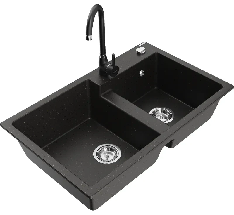 Mexen Tomas, granitový drez 800x500x190 mm, 2-komorový a čierna batéria Telma, čierna-zlatá metalíza, 6516-75-670200-70
