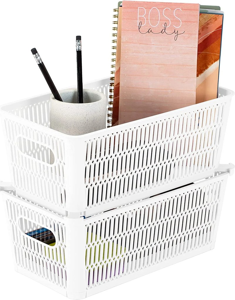 Orion M - Univerzálny košík NESTA, výsuvné klapky na stohovanie, biely 29 x 17 x 12 cm