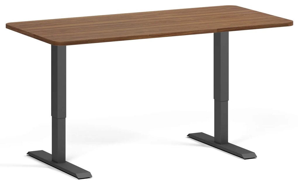 Výškovo nastaviteľný stôl, 160x80 cm, 2 motory, zaoblené rohy, čierna podnož, orech