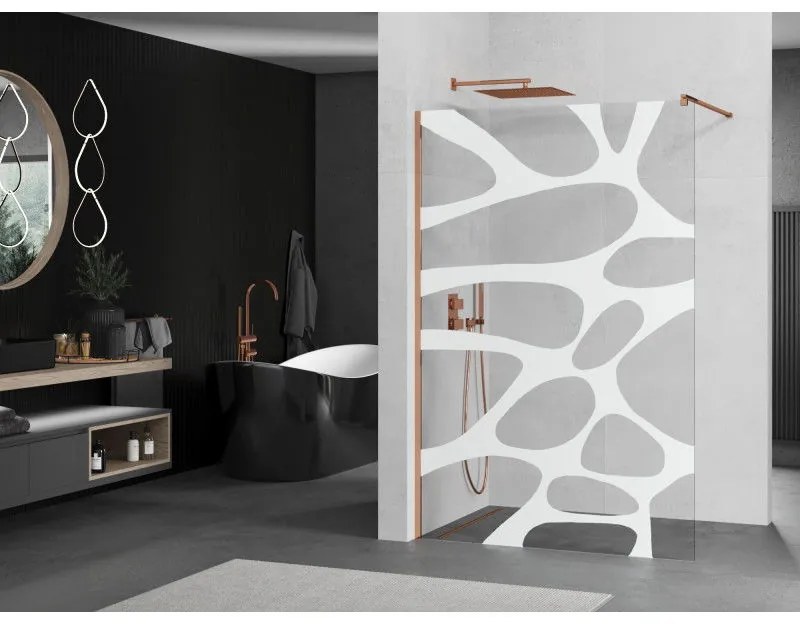 Mexen Kioto, sprchová zástena 100x200 cm, 8mm číre sklo s bielym vzorom, profil ružové zlato, 800-100-101-60-97