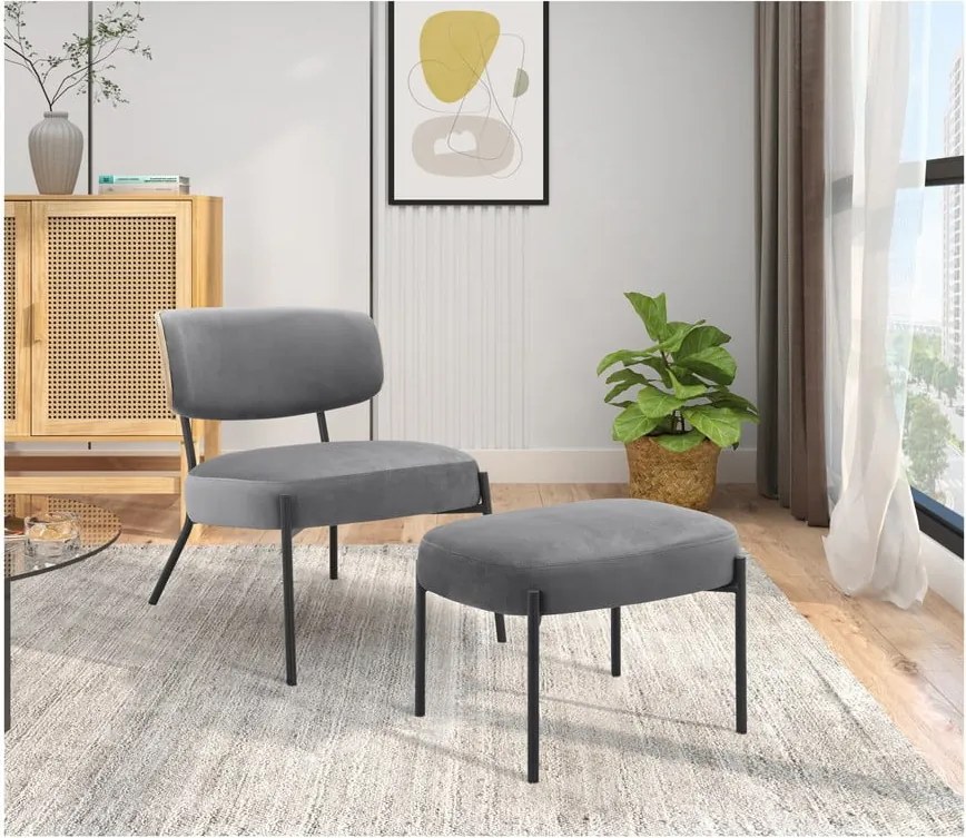 Sivé zamatové kreslo s podnožkou Jerry – Støraa