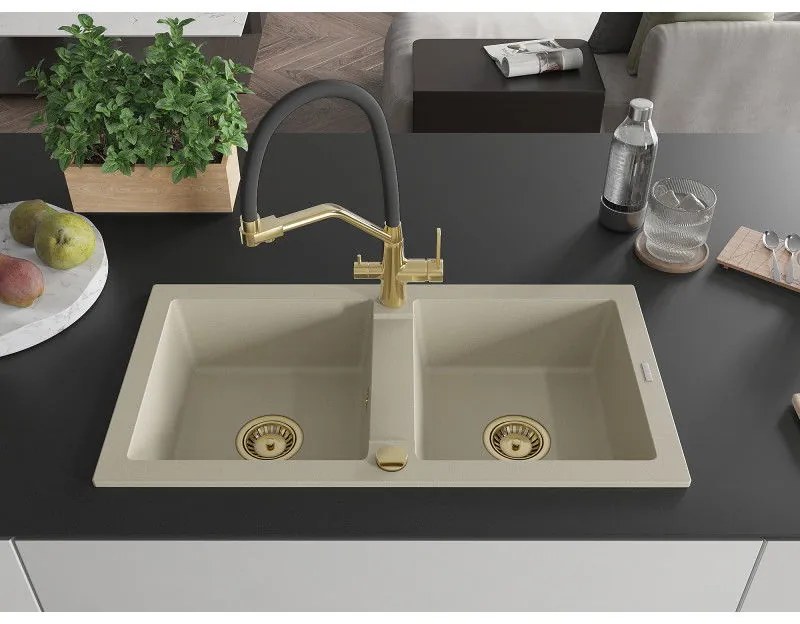 Mexen Mario, granitový drez 820x436x161 mm, 2-komorový a drezová batéria Duo, béžová, 6504-69-671701-57-G