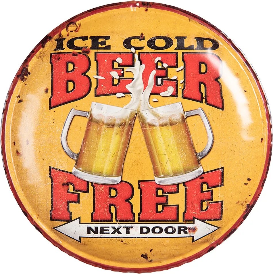 Žltá nástenná kovová okrúhla ceduľa na stenu Beer Free - Ø 35*2 cm